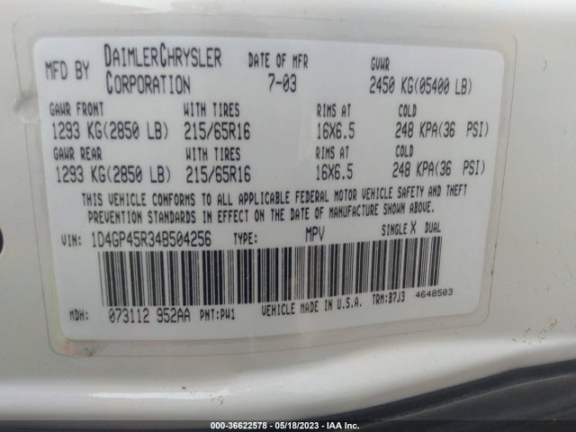 2004 DODGE CARAVAN SXT VIN: 1D4GP45R34B504256