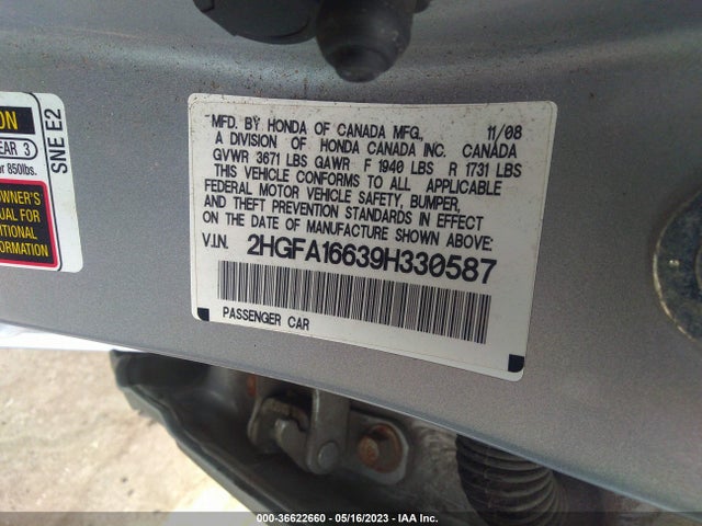 2009 HONDA CIVIC SDN LX-S VIN: 2HGFA16639H330587