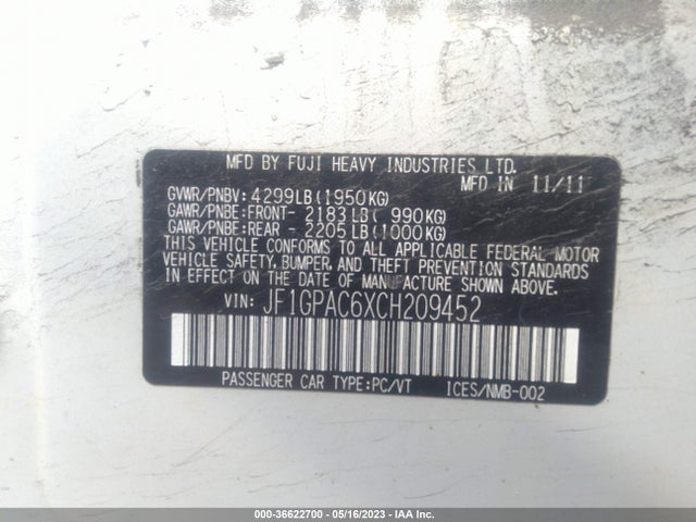 2012 SUBARU IMPREZA WAGON 2.0I PREMIUM VIN: JF1GPAC6XCH209452