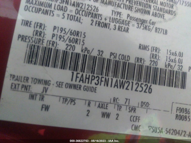 2010 FORD FOCUS SE VIN: 1FAHP3FN1AW212526