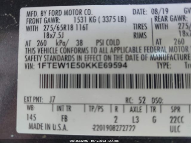 1FTEW1E50KKE69594 Ford F-150 Xl/xlt/lariat