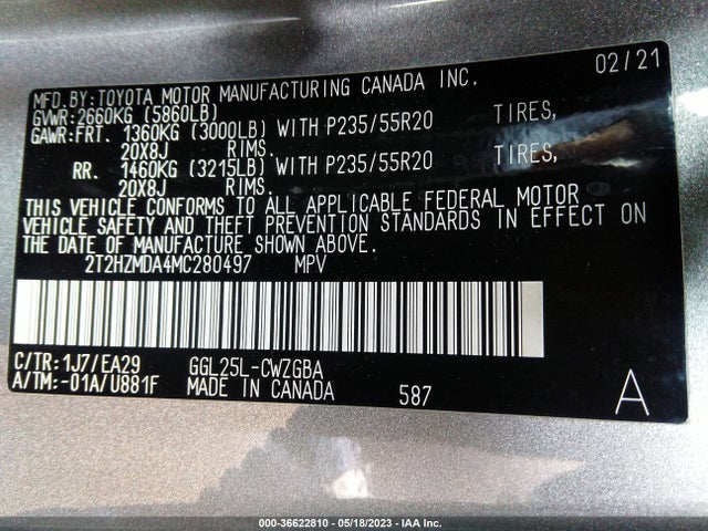 2021 Lexus RX, VIN: 2T2HZMDA4MC280497