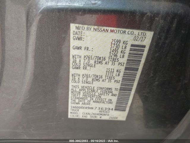 1N6DD0ER9HN736394 Nissan Frontier Sv V6