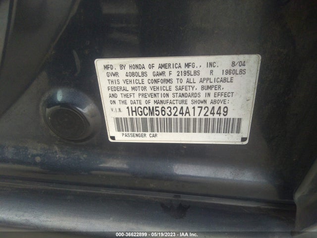 2004 HONDA ACCORD SDN LX VIN: 1HGCM56324A172449
