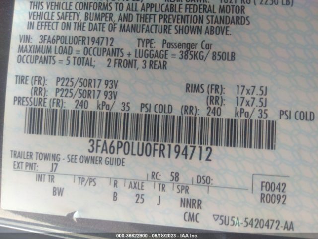 3FA6P0LU0FR194712 Ford Fusion Se Hybrid