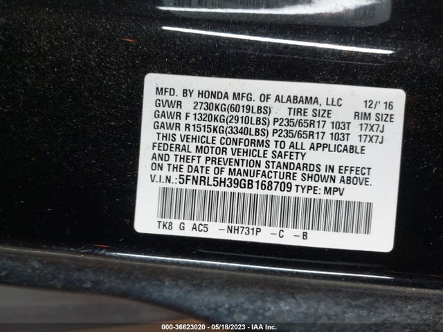 Honda ODYSSEY SE 2016 5FNRL5H39GB168709 Image 9