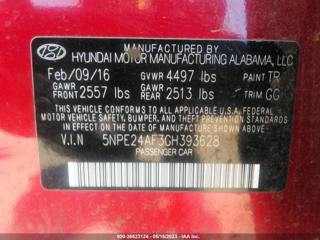 Hyundai Sonata 2.4l 2016 5NPE24AF3GH393628 Image 10