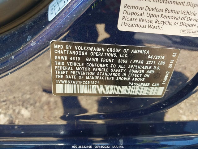 1VWBS7A31FC091871 Volkswagen Passat 1.8t Se W/sunroof & Nav