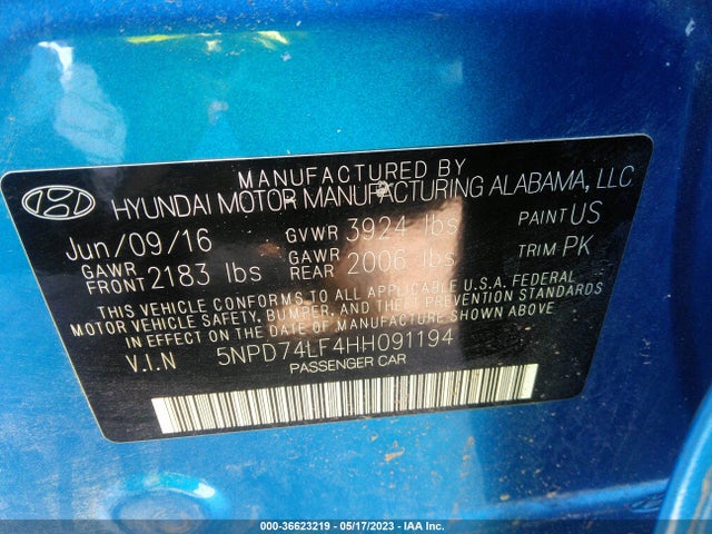 Hyundai ELANTRA SE 2017 5NPD74LF4HH091194 Image 9