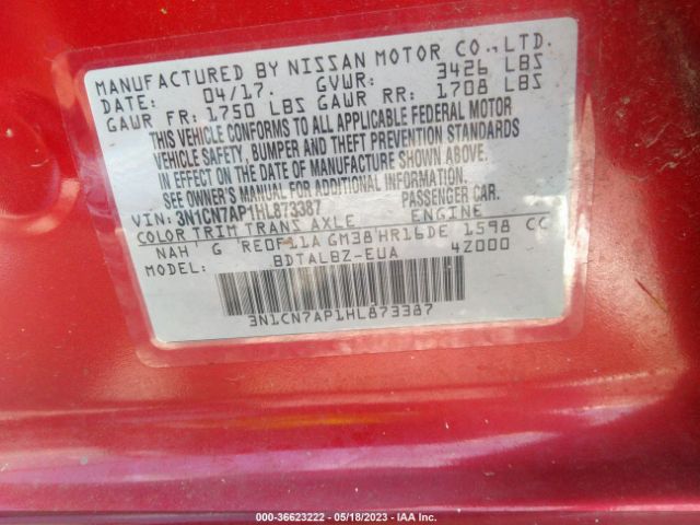 3N1CN7AP1HL873387 Nissan Versa Sedan Sv