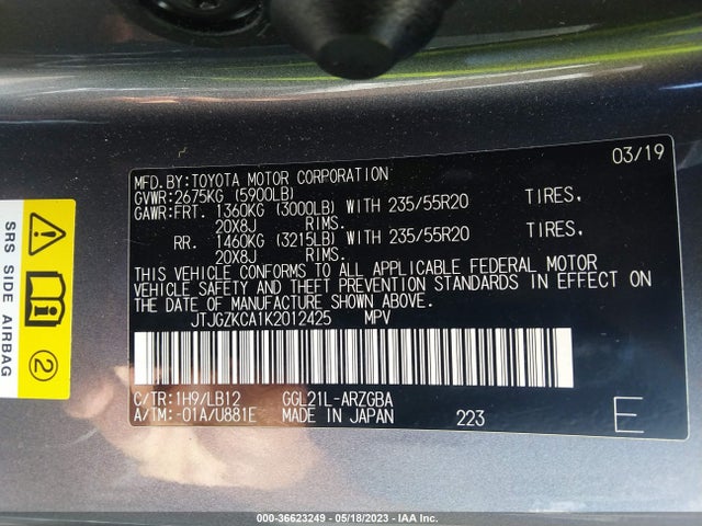 JTJGZKCA1K2012425 Lexus Rx Rx 350l