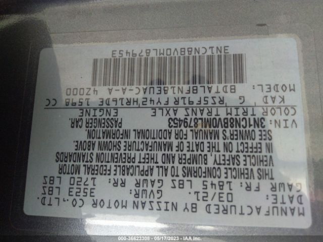 3N1CN8BV0ML879453 Nissan VERSA S