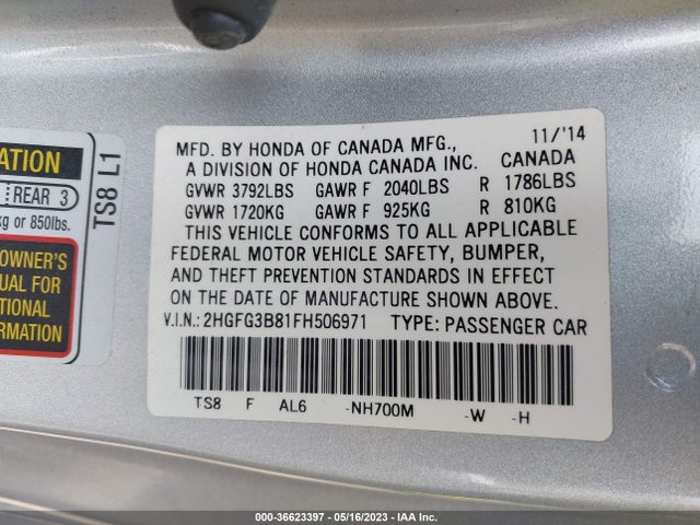 Honda Civic Coupe Ex 2015 2HGFG3B81FH506971 Image 9