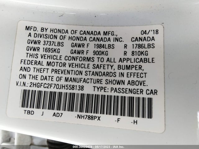 Honda Civic Sedan Ex 2018 2HGFC2F70JH558138 Image 9
