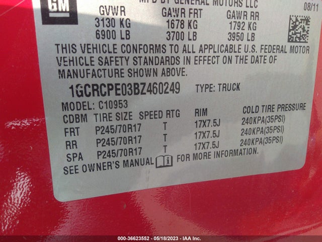 2011 CHEVROLET SILVERADO 1500 WORK TRUCK VIN: 1GCRCPE03BZ460249