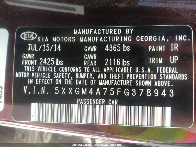 KIA Optima Lx 2015 5XXGM4A75FG378943 Image 9