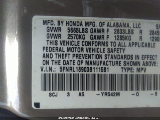 2003 HONDA ODYSSEY EX-L VIN: 5FNRL18903B111581