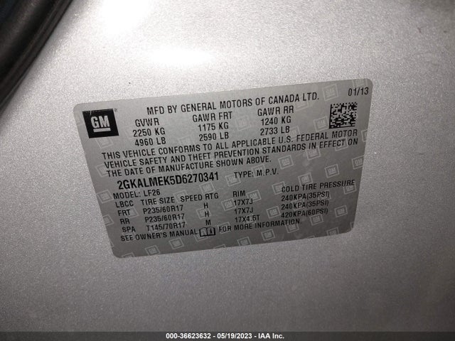 2013 GMC TERRAIN SLE VIN: 2GKALMEK5D6270341