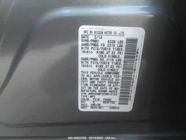 JN8AS5MT2EW610183 Nissan Rogue Select S
