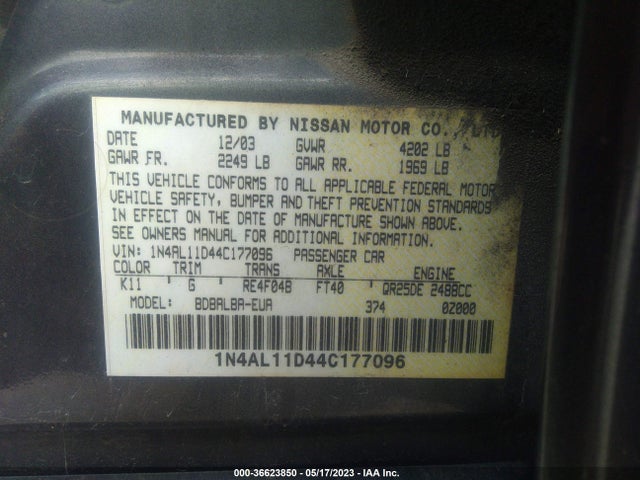 2004 NISSAN ALTIMA SL VIN: 1N4AL11D44C177096