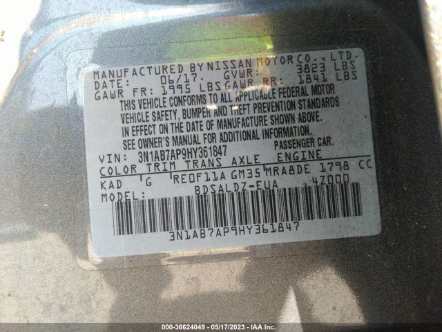 2017 NISSAN SENTRA SV VIN: 3N1AB7AP9HY361847