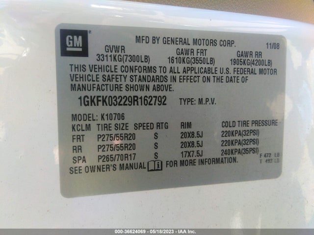 2009 GMC YUKON DENALI VIN: 1GKFK03229R162792