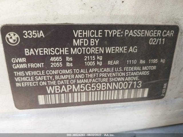 2011 BMW 3 SERIES 335I VIN: WBAPM5G59BNN00713