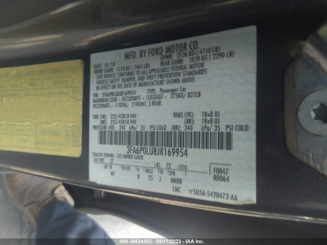 3FA6P0LU8JR169954 Ford Fusion Hybrid Se