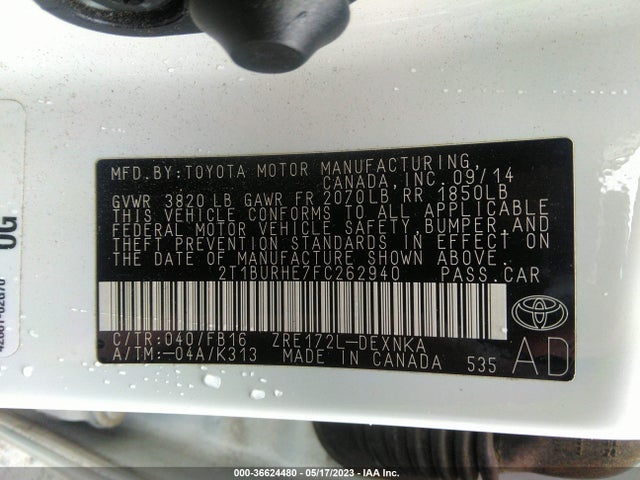 2015 TOYOTA COROLLA L/LE/S/S PLUS/LE PLUS VIN: 2T1BURHE7FC262940