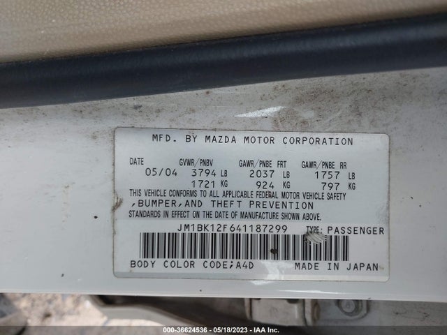 Продаж на аукціоні авто 2004 Mazda Mazda3 I, vin: JM1BK12F641187299, номер лоту: 36624536