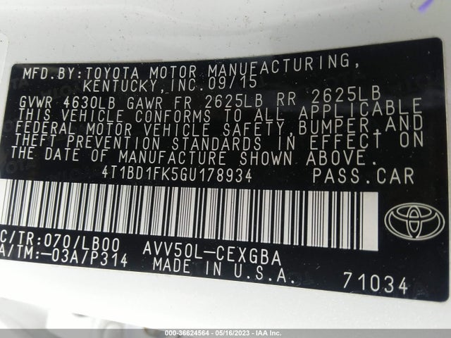 2016 TOYOTA CAMRY HYBRID LE/XLE/SE VIN: 4T1BD1FK5GU178934
