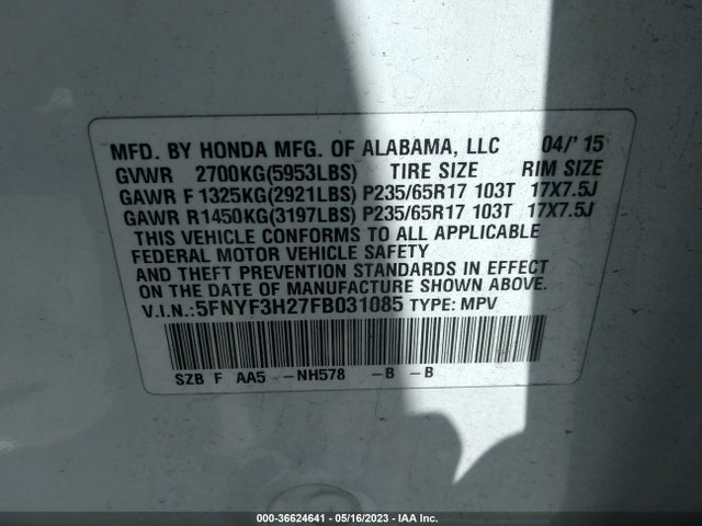 Honda PILOT LX 2015 5FNYF3H27FB031085 Image 9