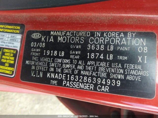 2008 KIA RIO SX VIN: KNADE163286394939