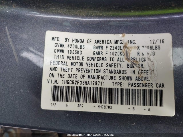 Honda Accord Sedan Lx 2017 1HGCR2F38HA129711 Image 9