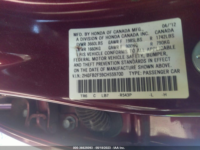 2012 HONDA CIVIC SDN LX VIN: 2HGFB2F59CH559700