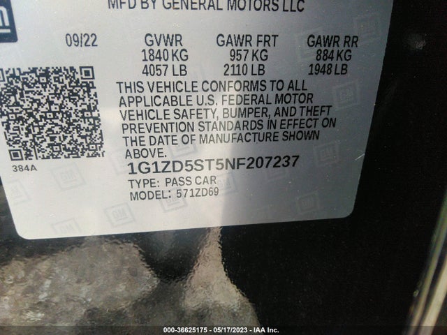 2022 CHEVROLET MALIBU LT VIN: 1G1ZD5ST5NF207237