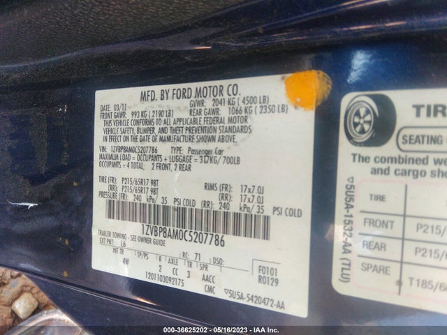 2012 FORD MUSTANG V6 VIN: 1ZVBP8AM0C5207786