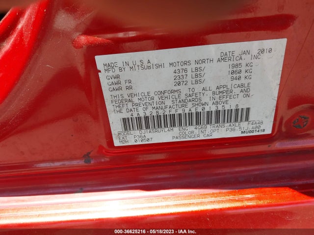 2010 MITSUBISHI GALANT FE VIN: 4A32B2FF9AE013518