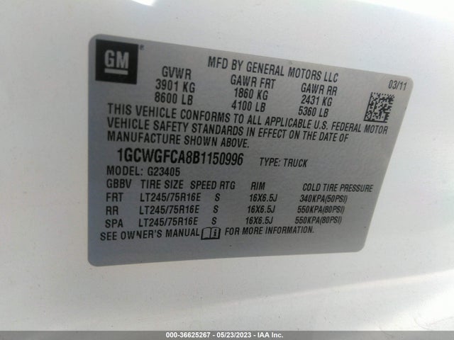 2011 CHEVROLET EXPRESS CARGO VAN VIN: 1GCWGFCA8B1150996