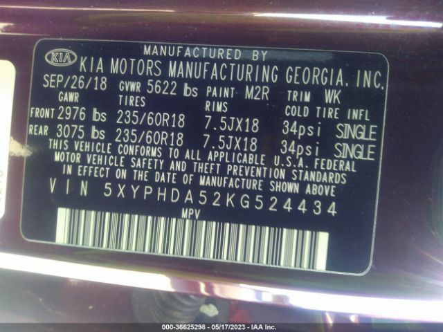 5XYPHDA52KG524434 KIA Sorento Ex V6