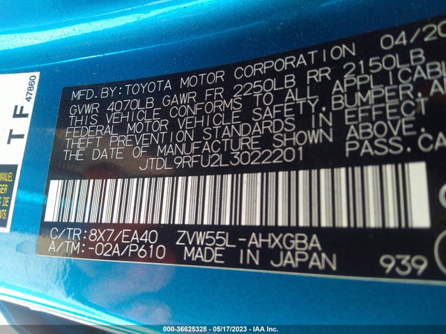 2020 TOYOTA PRIUS LE/XLE VIN: JTDL9RFU2L3022201