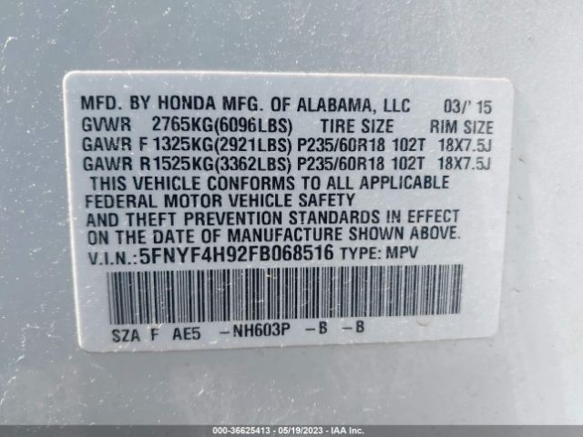 5FNYF4H92FB068516 Honda Pilot Touring