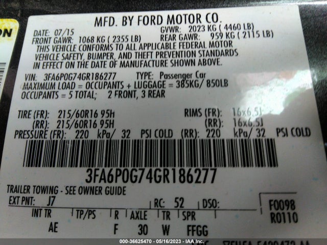 3FA6P0G74GR186277 Ford FUSION S