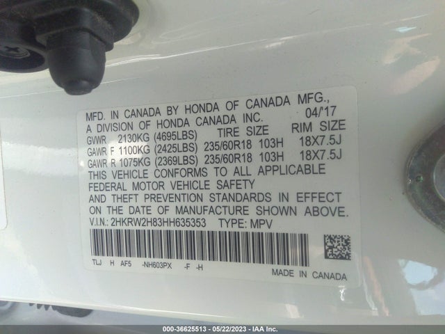 Honda Cr-v Ex-l 2017 2HKRW2H83HH635353 Image 9