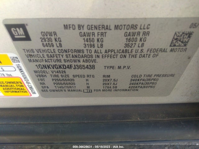 Chevrolet Traverse Lt 2015 1GNKVGKD4FJ365438 Image 9