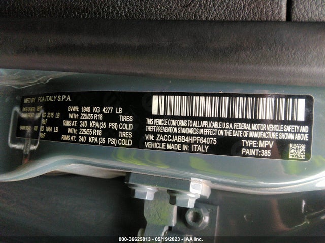 2017 JEEP RENEGADE ALTITUDE VIN: ZACCJABB4HPF64075