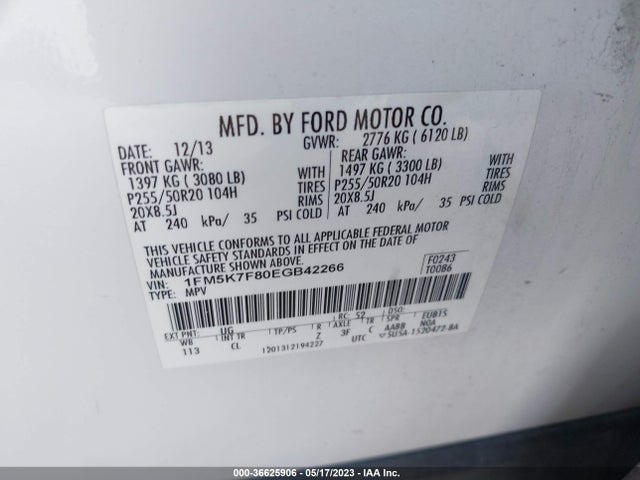 Ford Explorer Limited 2014 1FM5K7F80EGB42266 Image 9