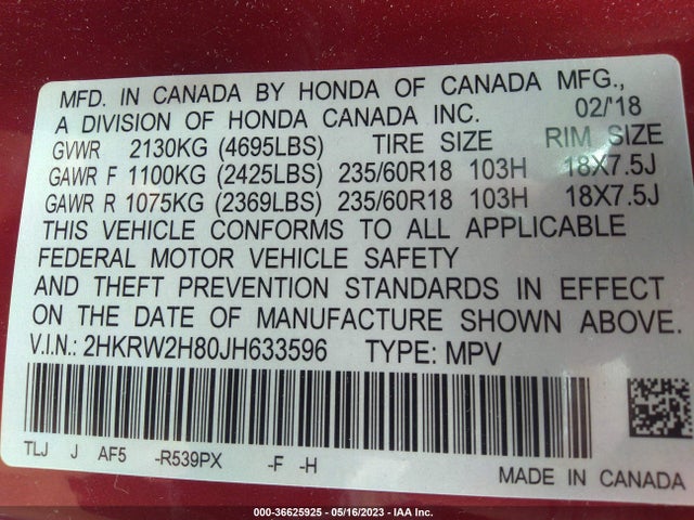 Honda Cr-v Ex-l 2018 2HKRW2H80JH633596 Image 10