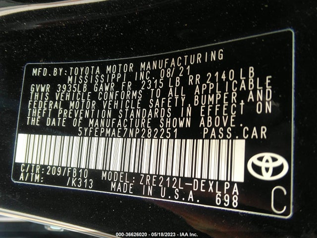 2022 TOYOTA COROLLA LE VIN: 5YFEPMAE7NP282251