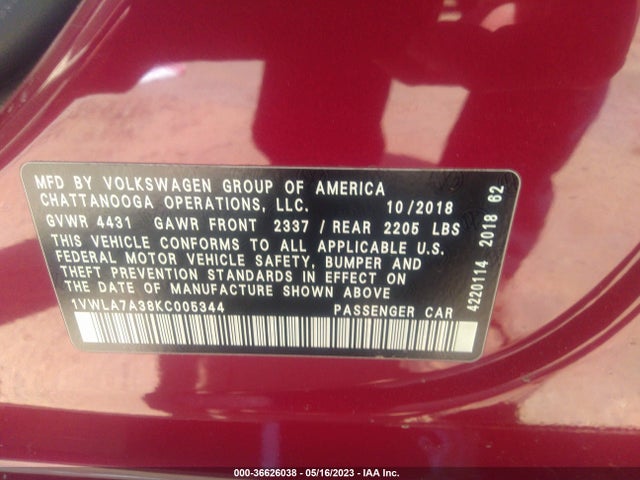 1VWLA7A38KC005344 Volkswagen Passat 2.0t Wolfsburg Edition